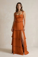 Tiered Ruffled A - Line Bridesmaid Dress With Slit in Cinnamon - KissProm Bridesmaid Dresses