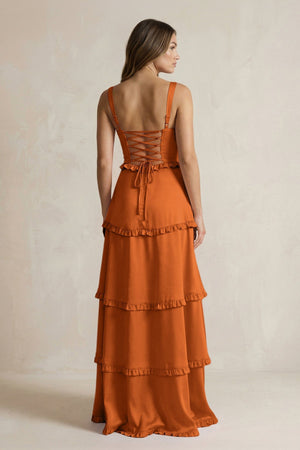 Tiered Ruffled A - Line Bridesmaid Dress With Slit in Cinnamon - KissProm Bridesmaid Dresses
