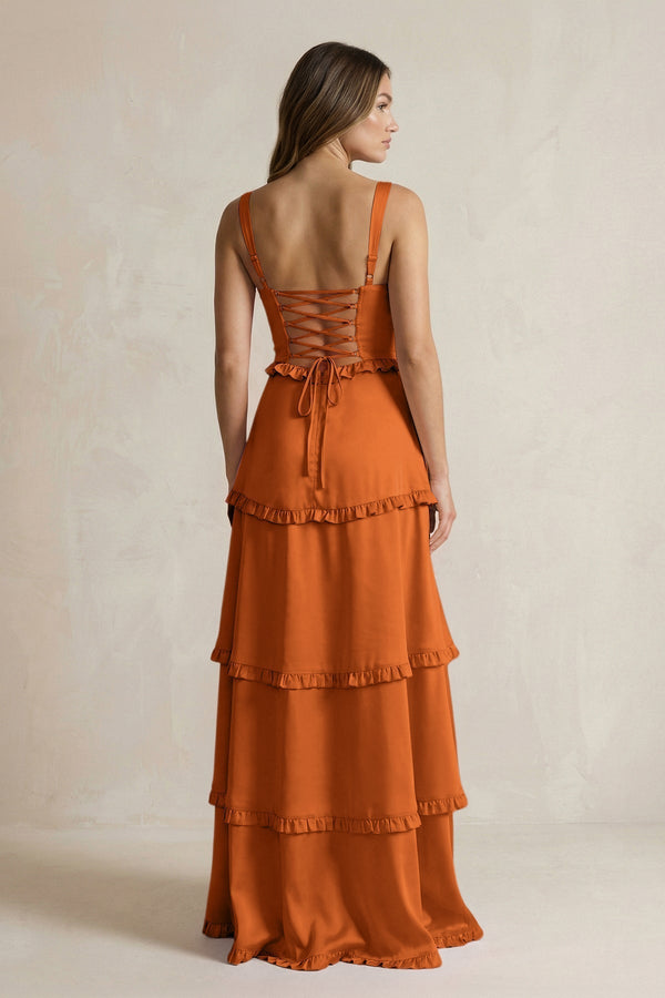 Tiered Ruffled A - Line Bridesmaid Dress With Slit in Cinnamon - KissProm Bridesmaid Dresses