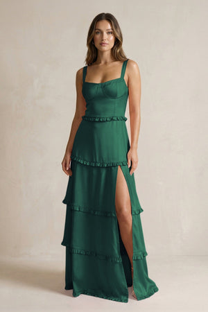 Tiered Ruffled A - Line Bridesmaid Dress With Slit in Dark Green - KissProm Bridesmaid Dresses