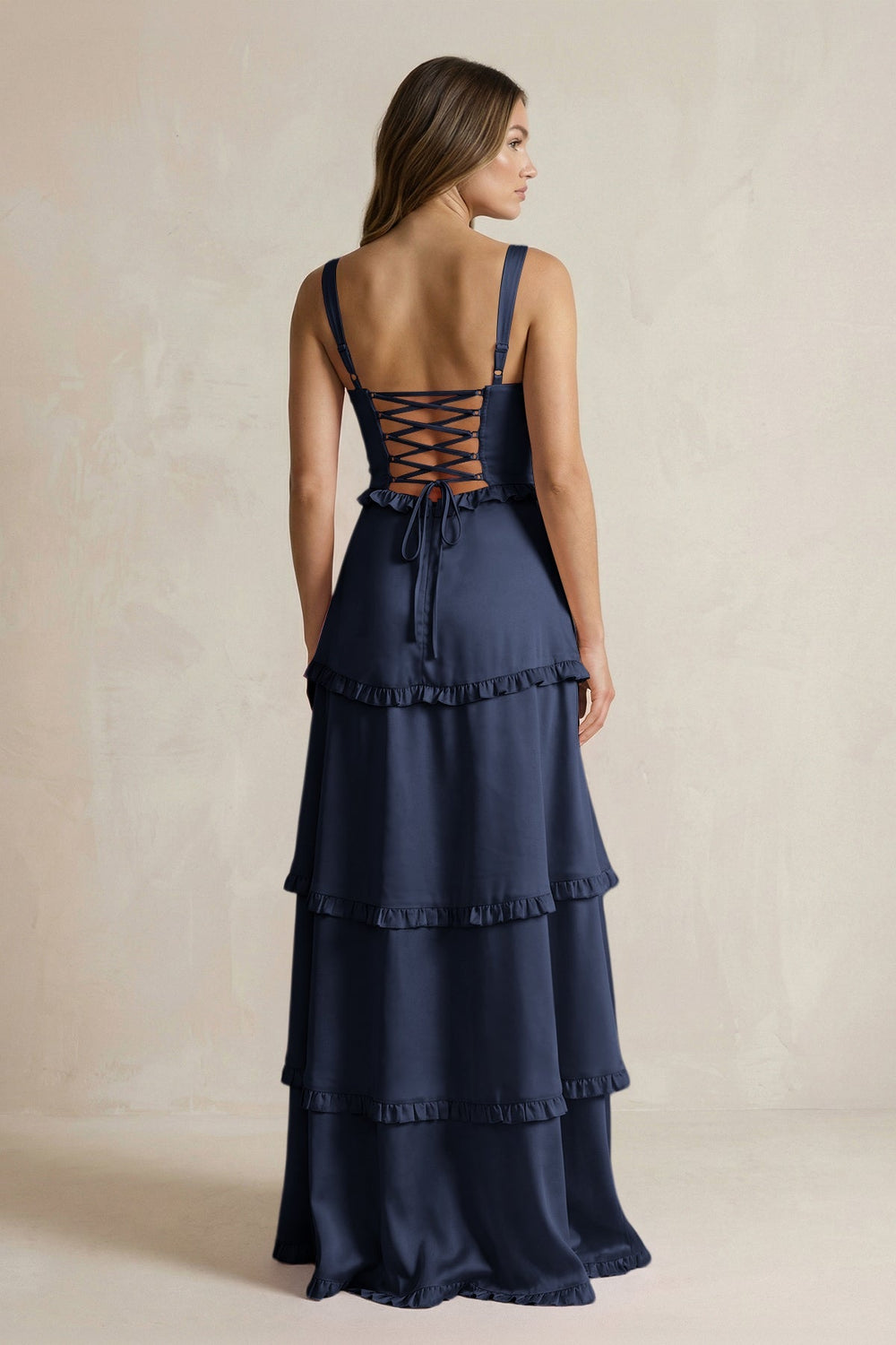Tiered Ruffled A - Line Bridesmaid Dress With Slit in Dark Navy - KissProm Bridesmaid Dresses