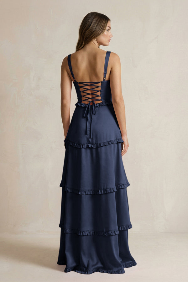 Tiered Ruffled A - Line Bridesmaid Dress With Slit in Dark Navy - KissProm Bridesmaid Dresses