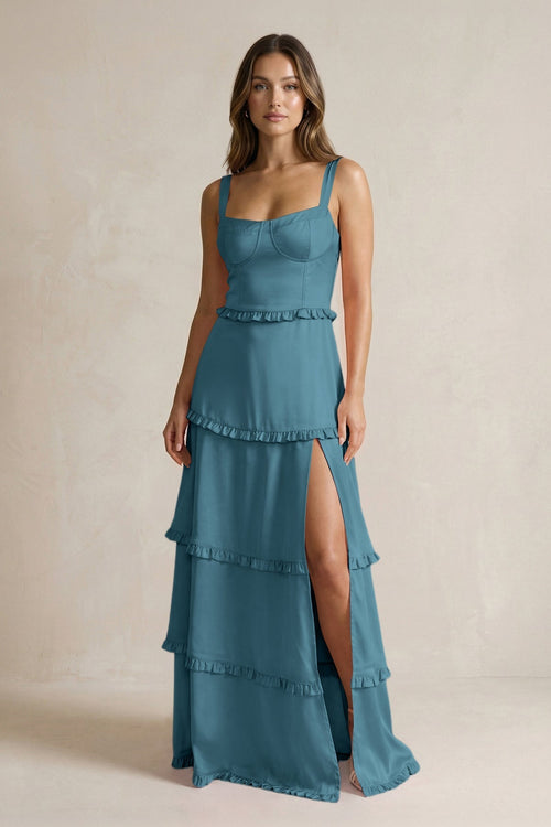 Tiered Ruffled A - Line Bridesmaid Dress With Slit in Dark Teal - KissProm Bridesmaid Dresses