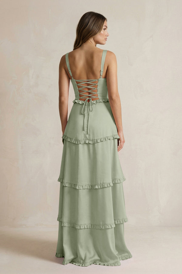 Tiered Ruffled A - Line Bridesmaid Dress With Slit in Dove Gray - KissProm Bridesmaid Dresses
