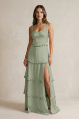 Tiered Ruffled A - Line Bridesmaid Dress With Slit in Dove Gray - KissProm Bridesmaid Dresses
