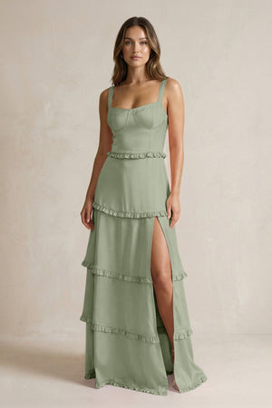 Tiered Ruffled A - Line Bridesmaid Dress With Slit in Dove Gray - KissProm Bridesmaid Dresses