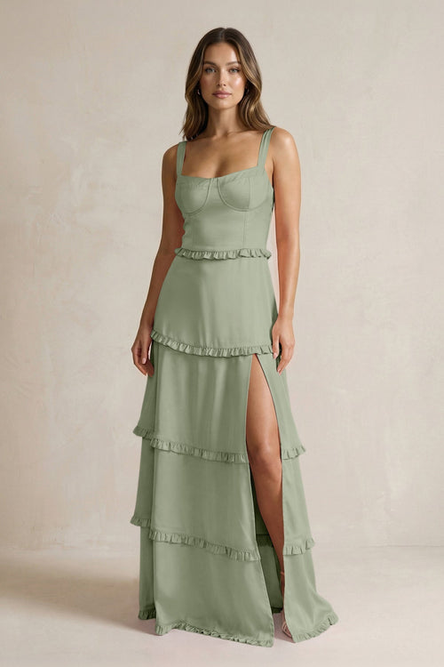 Tiered Ruffled A - Line Bridesmaid Dress With Slit in Dove Gray - KissProm Bridesmaid Dresses