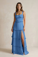 Tiered Ruffled A - Line Bridesmaid Dress With Slit in Dusty Blue - KissProm Bridesmaid Dresses