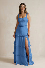 Tiered Ruffled A - Line Bridesmaid Dress With Slit in Dusty Blue - KissProm Bridesmaid Dresses