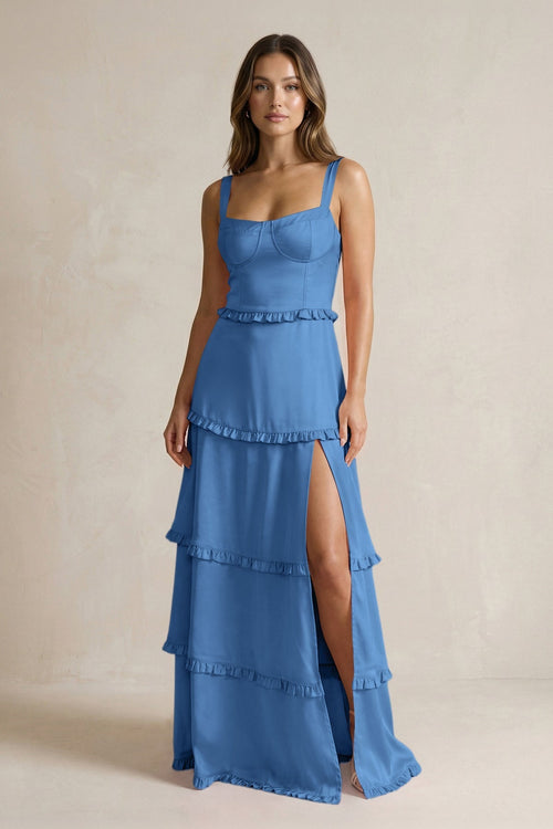Tiered Ruffled A - Line Bridesmaid Dress With Slit in Dusty Blue - KissProm Bridesmaid Dresses