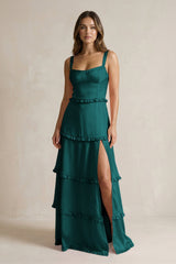 Tiered Ruffled A - Line Bridesmaid Dress With Slit in Emerald - KissProm Bridesmaid Dresses