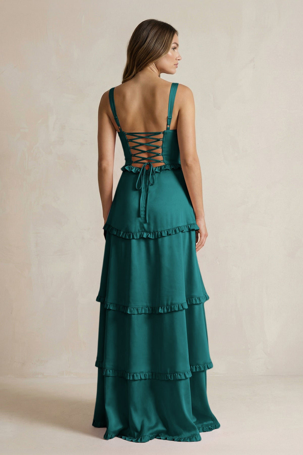 Tiered Ruffled A - Line Bridesmaid Dress With Slit in Emerald - KissProm Bridesmaid Dresses