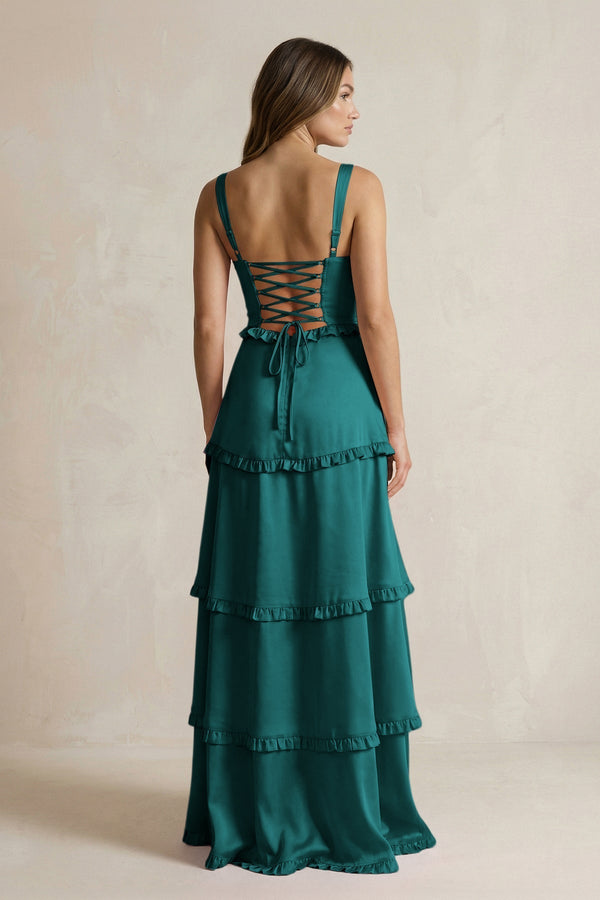 Tiered Ruffled A - Line Bridesmaid Dress With Slit in Emerald - KissProm Bridesmaid Dresses