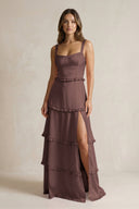 Tiered Ruffled A - Line Bridesmaid Dress With Slit in Espresso - KissProm Bridesmaid Dresses