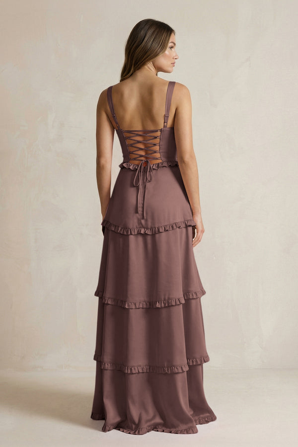 Tiered Ruffled A - Line Bridesmaid Dress With Slit in Espresso - KissProm Bridesmaid Dresses