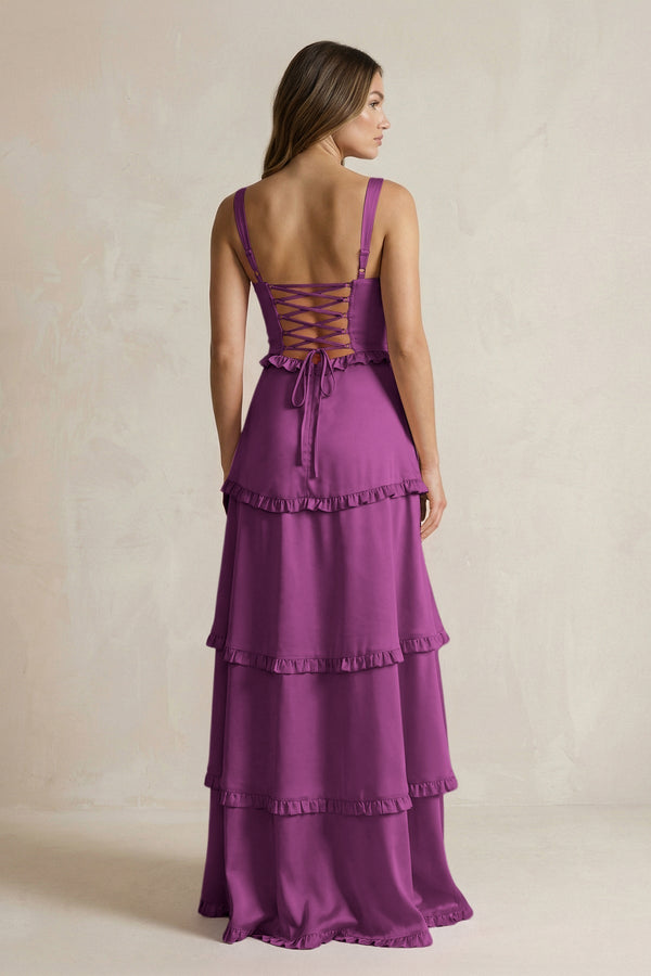 Tiered Ruffled A - Line Bridesmaid Dress With Slit in Fig - KissProm Bridesmaid Dresses