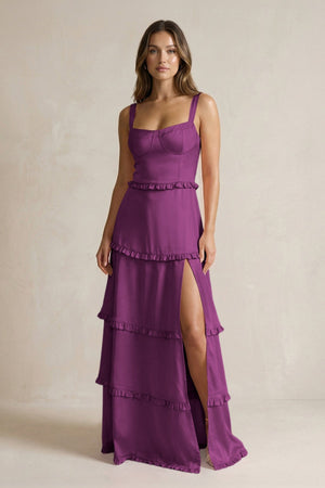 Tiered Ruffled A - Line Bridesmaid Dress With Slit in Fig - KissProm Bridesmaid Dresses