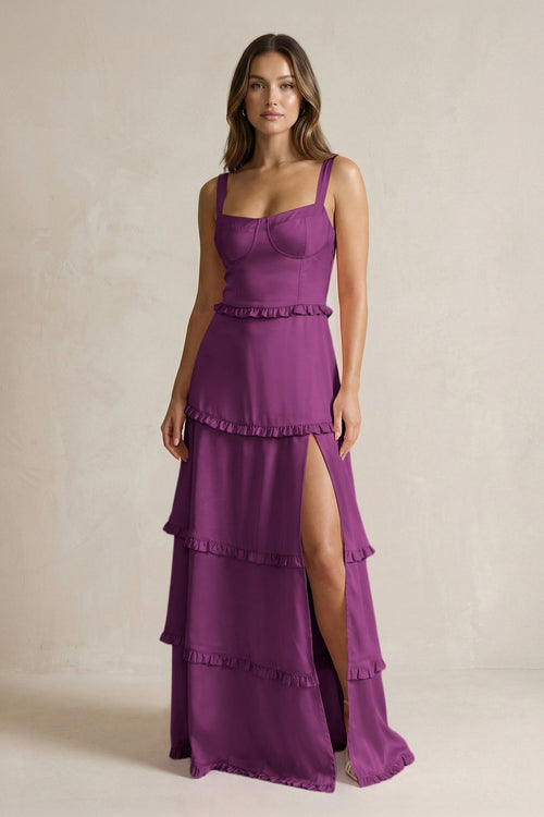 Tiered Ruffled A - Line Bridesmaid Dress With Slit in Fig - KissProm Bridesmaid Dresses