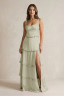 Tiered Ruffled A - Line Bridesmaid Dress With Slit in Frost - KissProm Bridesmaid Dresses