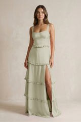 Tiered Ruffled A - Line Bridesmaid Dress With Slit in Frost - KissProm Bridesmaid Dresses