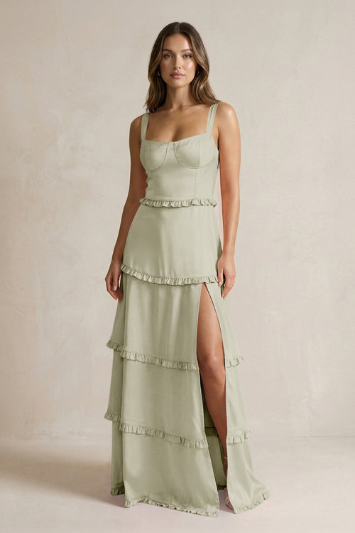 Tiered Ruffled A - Line Bridesmaid Dress With Slit in Frost - KissProm Bridesmaid Dresses
