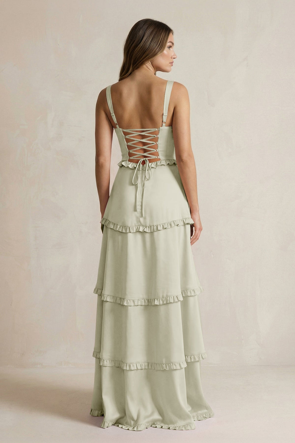 Tiered Ruffled A - Line Bridesmaid Dress With Slit in Frost - KissProm Bridesmaid Dresses
