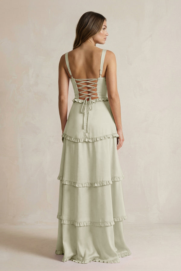 Tiered Ruffled A - Line Bridesmaid Dress With Slit in Frost - KissProm Bridesmaid Dresses