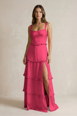 Tiered Ruffled A - Line Bridesmaid Dress With Slit in Fuchsia - KissProm Bridesmaid Dresses