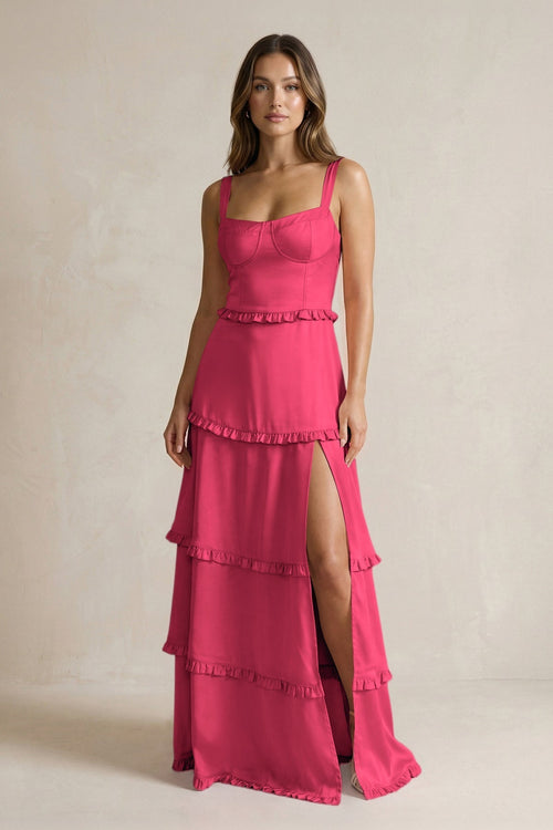 Tiered Ruffled A - Line Bridesmaid Dress With Slit in Fuchsia - KissProm Bridesmaid Dresses