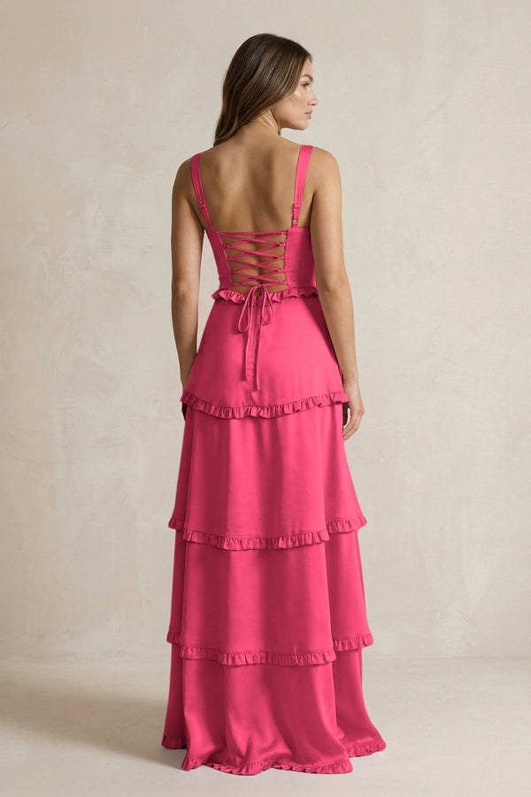 Tiered Ruffled A - Line Bridesmaid Dress With Slit in Fuchsia - KissProm Bridesmaid Dresses