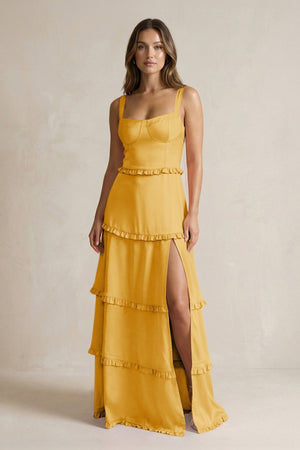 Tiered Ruffled A - Line Bridesmaid Dress With Slit in Gold - KissProm Bridesmaid Dresses