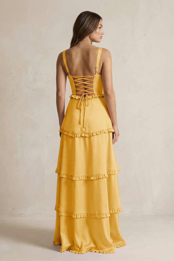 Tiered Ruffled A - Line Bridesmaid Dress With Slit in Gold - KissProm Bridesmaid Dresses