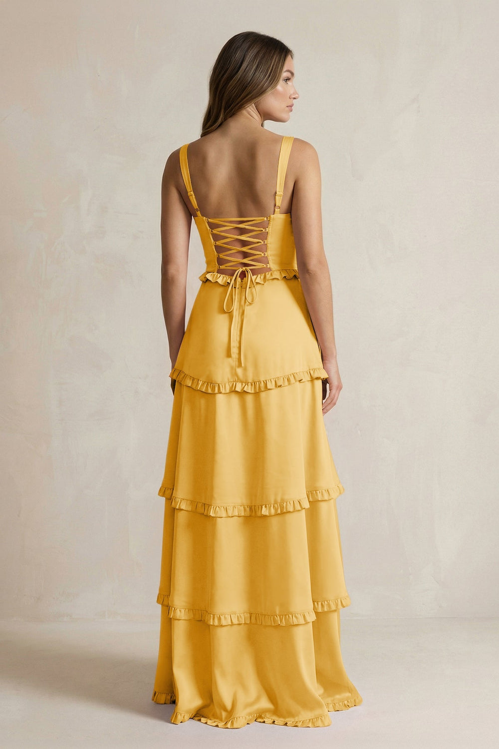 Tiered Ruffled A - Line Bridesmaid Dress With Slit in Gold - KissProm Bridesmaid Dresses
