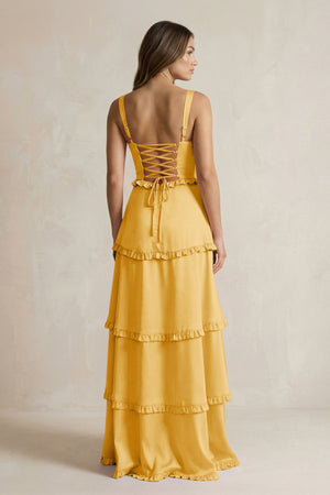 Tiered Ruffled A - Line Bridesmaid Dress With Slit in Gold - KissProm Bridesmaid Dresses