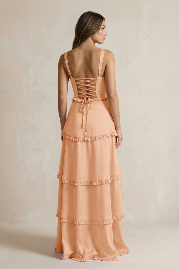Tiered Ruffled A - Line Bridesmaid Dress With Slit in Golden Champagne - KissProm Bridesmaid Dresses