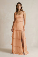 Tiered Ruffled A - Line Bridesmaid Dress With Slit in Golden Champagne - KissProm Bridesmaid Dresses