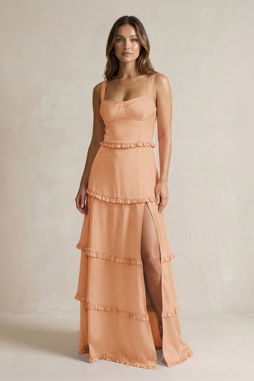 Tiered Ruffled A - Line Bridesmaid Dress With Slit in Golden Champagne - KissProm Bridesmaid Dresses