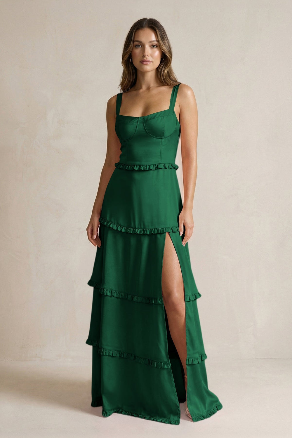 Tiered Ruffled A - Line Bridesmaid Dress With Slit in Green - KissProm Bridesmaid Dresses