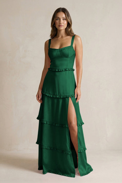 Tiered Ruffled A - Line Bridesmaid Dress With Slit in Green - KissProm Bridesmaid Dresses
