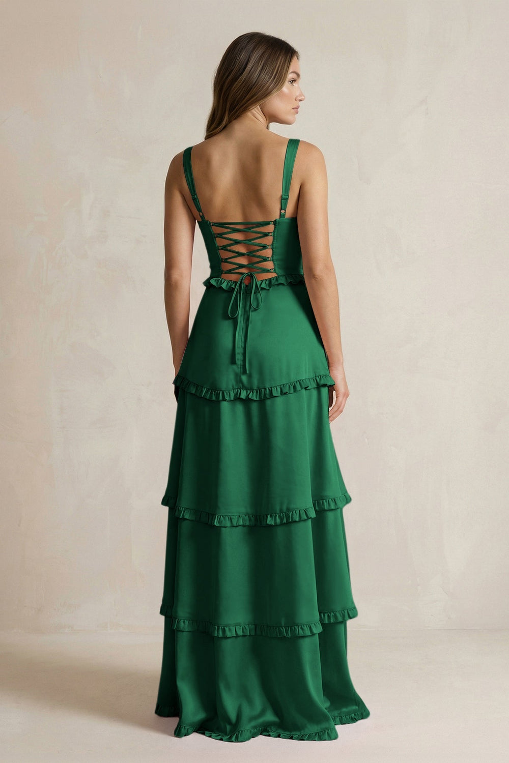 Tiered Ruffled A - Line Bridesmaid Dress With Slit in Green - KissProm Bridesmaid Dresses