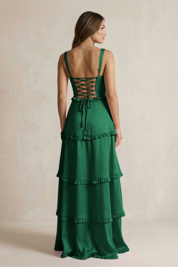 Tiered Ruffled A - Line Bridesmaid Dress With Slit in Green - KissProm Bridesmaid Dresses