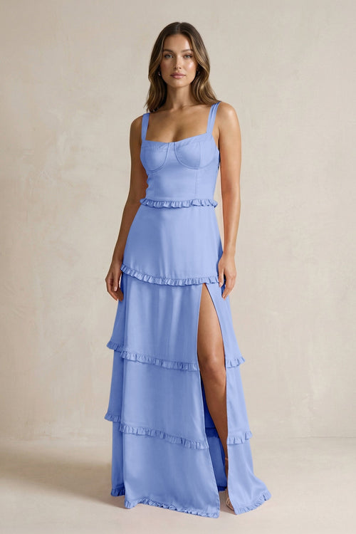 Tiered Ruffled A - Line Bridesmaid Dress With Slit in Ice - KissProm Bridesmaid Dresses