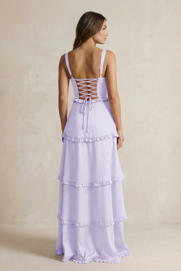 Tiered Ruffled A - Line Bridesmaid Dress With Slit in Lavender - KissProm Bridesmaid Dresses