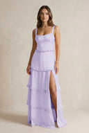 Tiered Ruffled A - Line Bridesmaid Dress With Slit in Lavender - KissProm Bridesmaid Dresses