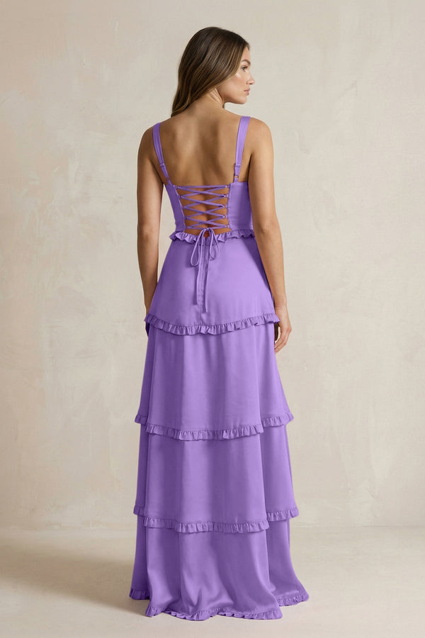Tiered Ruffled A - Line Bridesmaid Dress With Slit in Lilac - KissProm Bridesmaid Dresses