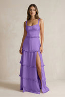 Tiered Ruffled A - Line Bridesmaid Dress With Slit in Lilac - KissProm Bridesmaid Dresses
