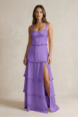 Tiered Ruffled A - Line Bridesmaid Dress With Slit in Lilac - KissProm Bridesmaid Dresses