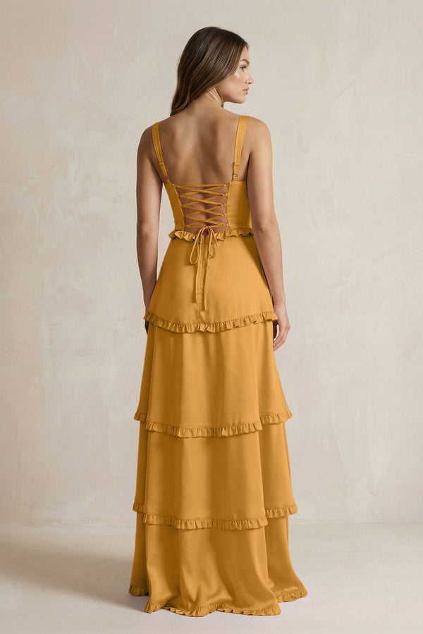 Tiered Ruffled A - Line Bridesmaid Dress With Slit in Marigold - KissProm Bridesmaid Dresses