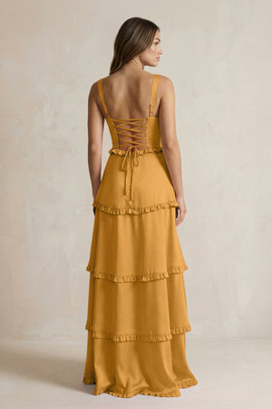 Tiered Ruffled A - Line Bridesmaid Dress With Slit in Marigold - KissProm Bridesmaid Dresses