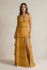 Tiered Ruffled A - Line Bridesmaid Dress With Slit in Marigold - KissProm Bridesmaid Dresses